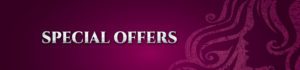 A purple banner with the word offers in silver letters.